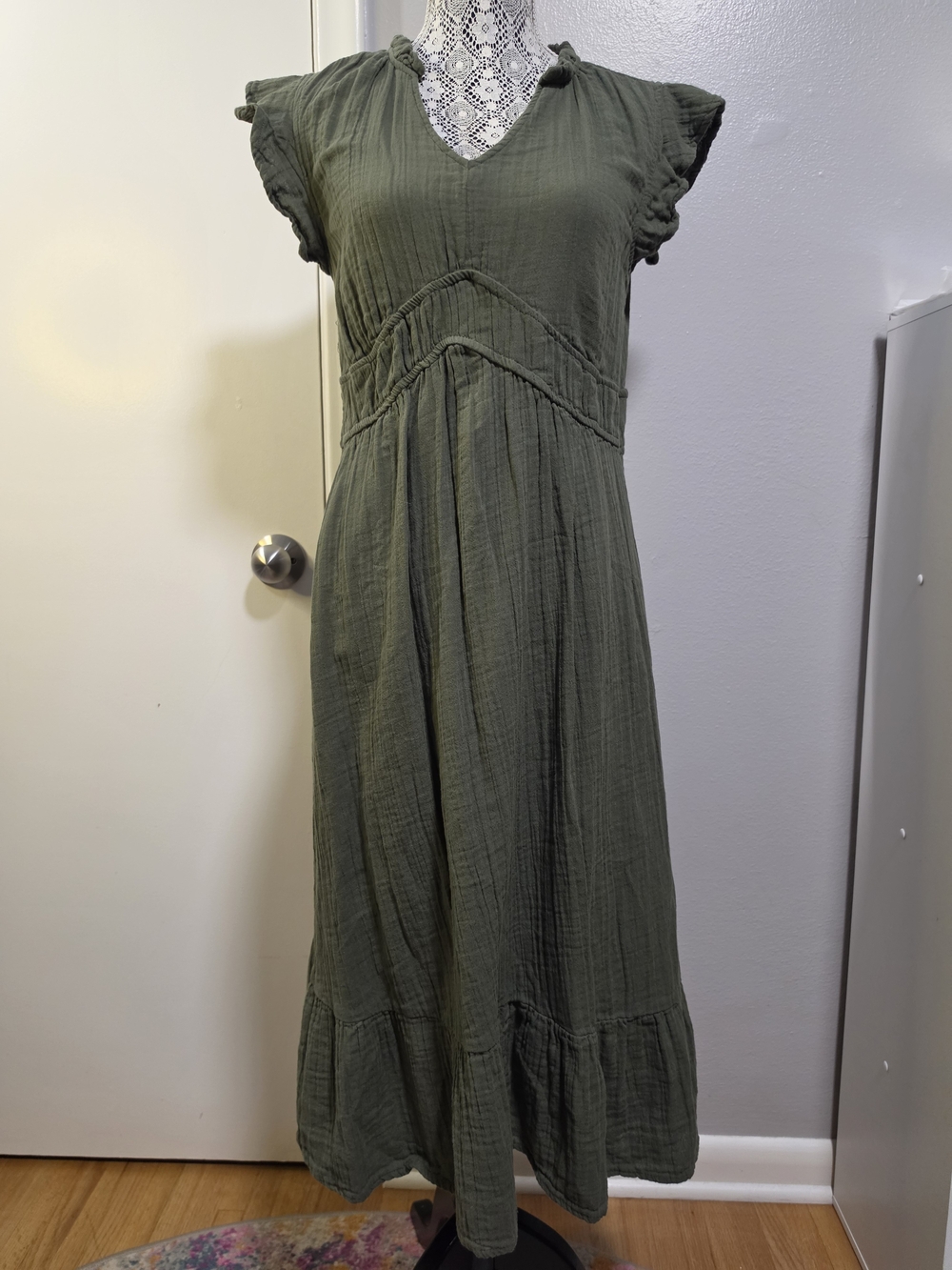 100% Cotton Gauze Olive Midi Dress M Boho Cottagecore Time And Tru